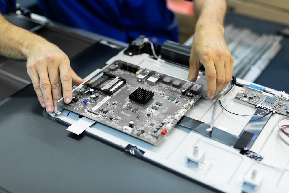 Thương hiệu OEM - Người lao động lắp ráp màn hình tivi, ảnh shutterstock